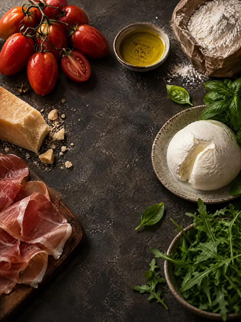 Produits frais : tomates, mozzarella di bufala, basilic, roquette, parmesan